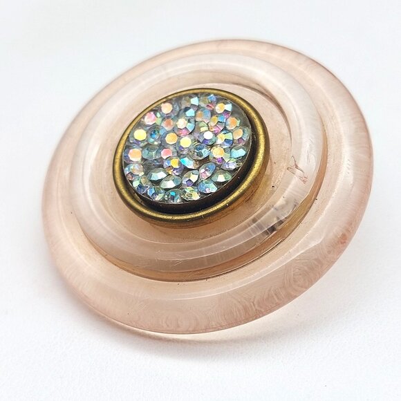 Vintage Lucite Rhinestone Brooch Pink Iridescent Swirl Mid-Century Retro Jewelry - Picture 1 of 6